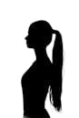 Startseite Artistic silhouette of a woman with long ponytail against white background.